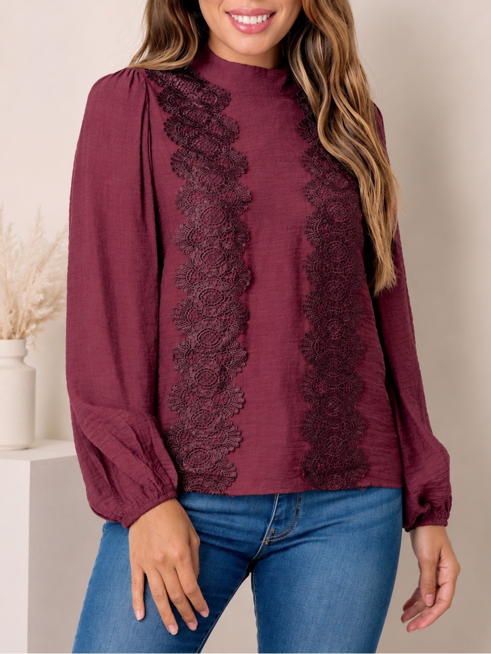 ON TWELTH Burgundy Lace Mock Neck Puff Sleeve Blouse Top M NWOT